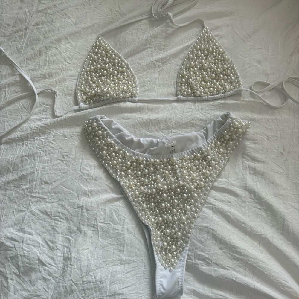 Elegant Pearl Embellished White Bikini Set